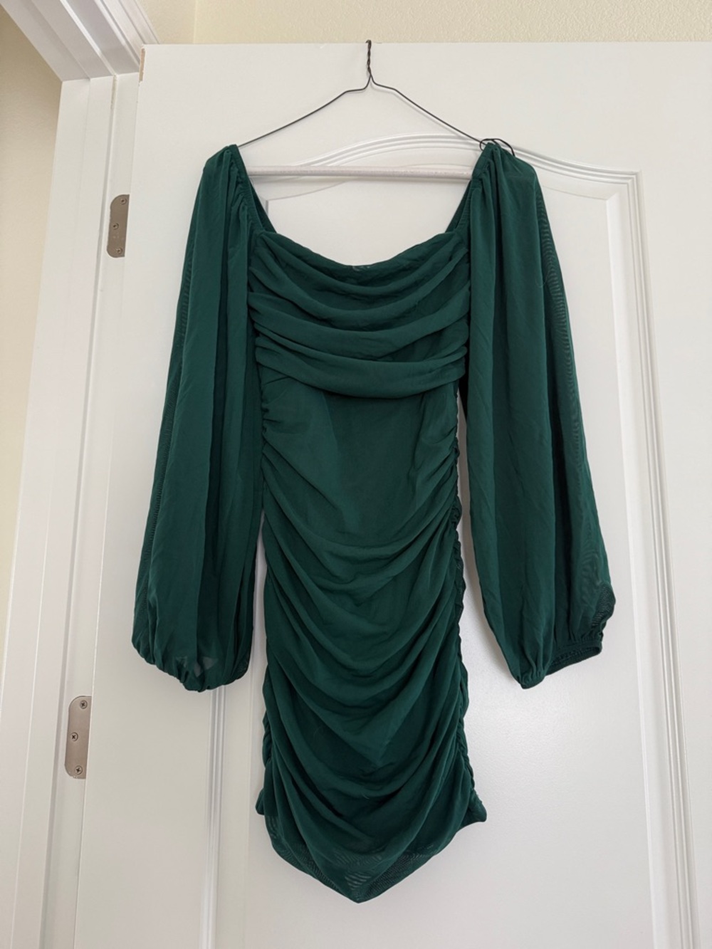 Hello Molly Emerald Green Ruched Off-Shoulder Dress with sheer sleeves small